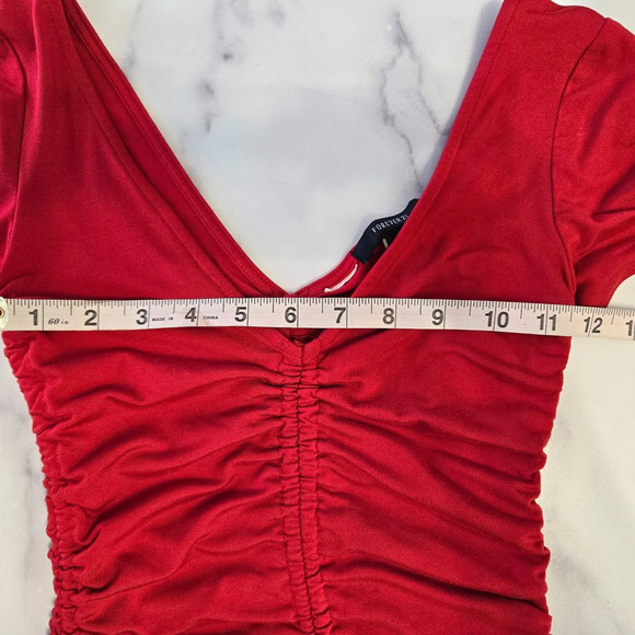 Forever 21 Y2K Top Womens Small Red Ruched Cropped V Neck Stretch Cherry Girl - Picture 5 of 6
